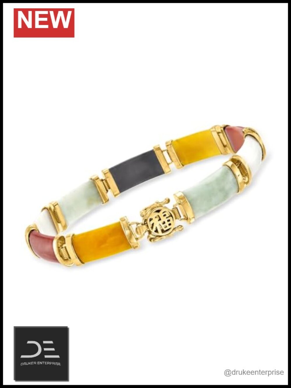 Multicolored Jade Good Fortune Bracelet 18kt Gold Over Sterling Silver 7.5"